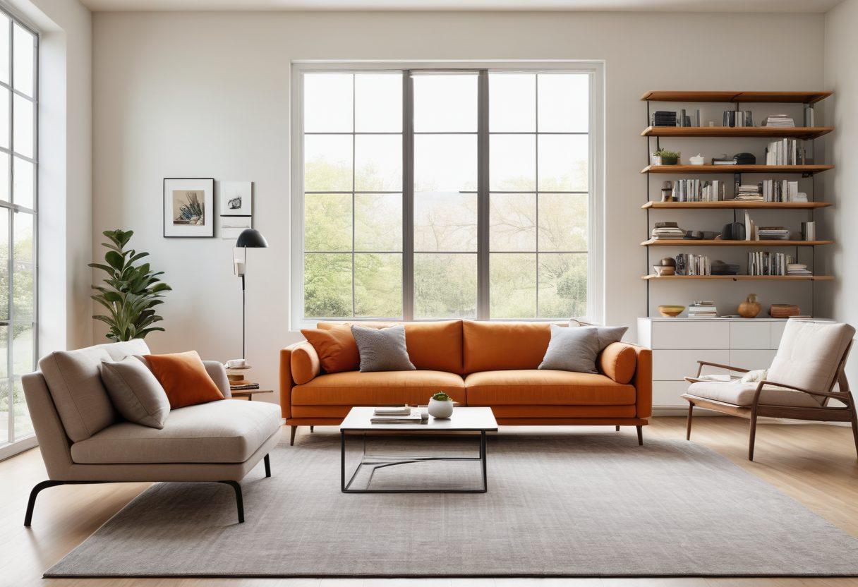 A cozy, modern living room featuring sleek, affordable furniture with a stylish, minimalist design; a chic sofa, coffee table, and smart shelving units arranged perfectly. Background shows warm, inviting décor with stylish accent pieces. Bright natural light streaming in from a large window. super-realistic. vibrant colors. white background.