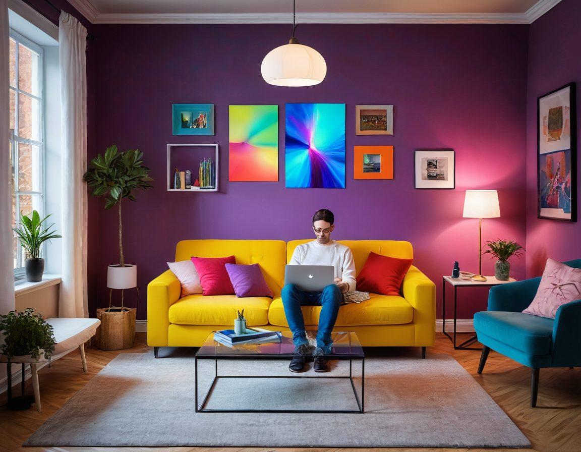 A cozy living room scene with a laptop open to an online furniture store, surrounded by different furniture items like sofas, chairs, and tables vividly popping out as holograms. A person is comfortably seated, examining a virtual chair with thoughtful expression. Super-realistic. Vibrant colors. 3D.