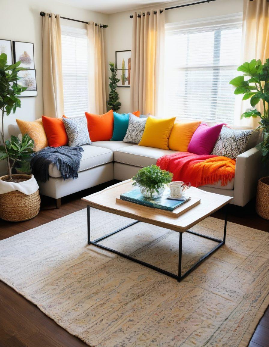 A beautifully transformed living room showcasing affordable decor solutions: a stylish yet budget-friendly sofa, vibrant throw pillows, a chic coffee table with a DIY centerpiece, and elegant curtains. Include a cozy reading nook with a budget bookshelf and plants for a refreshing touch. super-realistic. vibrant colors. inviting atmosphere.